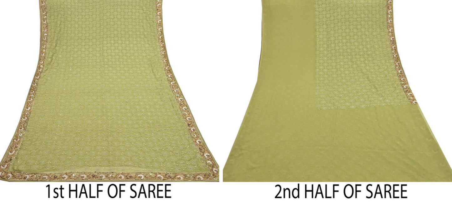 Indian Vintage Heavy Green Saree Georgette Embroidered Sari Craft Fabric 5Yd Sewing Soft Ethnic Zari Dress Making wedding Sari