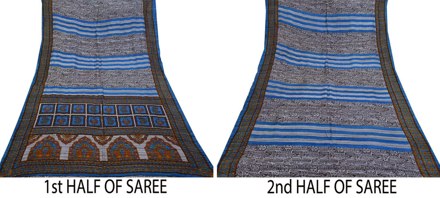 Indian Vintage Gray & Blue Saree Pure Khadi Silk Handloom Printed Sari Fabric 5yd Ethnic Wear Sari Floral Designs Dress making Crafting