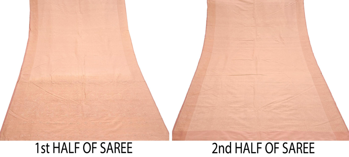 Indian Vintage Sari Peach 100% Pure Silk Hand Woven Sarees Craft Fabric 5Yd Ethnic Sewing Dress making Crafting Upcycle with blouse fabric