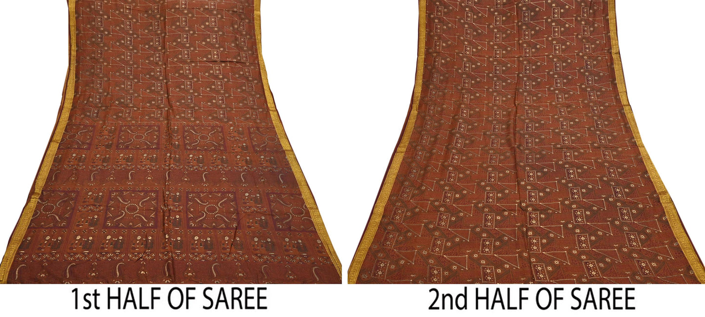 Indian Vintage Sari Brown 100% Pure Silk Printed Saree Craft Fabric 6yd Sewing Dress Making Soft Wrap Quilting Crafting Upcycle