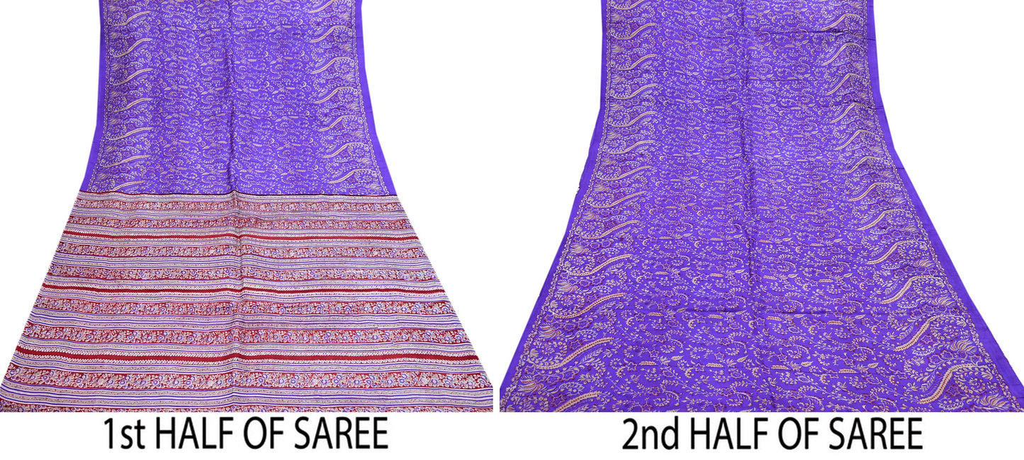 Indian Vintage Red & Purple Pure Silk Printed Saree 5Yards Soft Floral Fabric for Dressmaking, Quilting, Crafting, Sewing, Dress Making