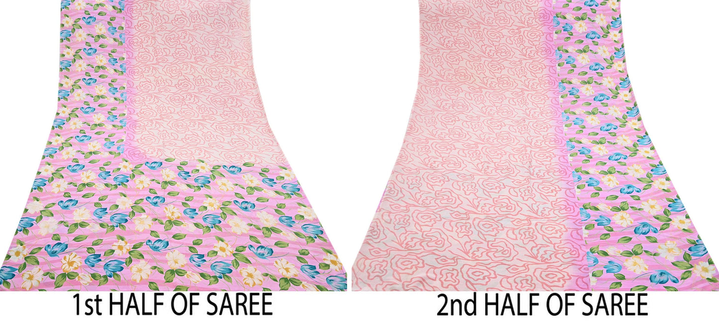 Indian Vintage Sari Pink Pure Crepe Silk Printed Saree 5yard Sewing Quilting Floral Soft Craft Fabric Wrap