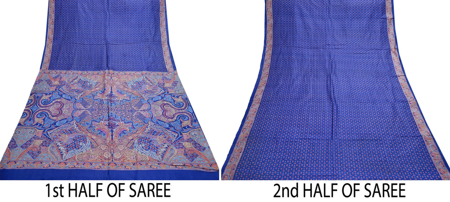 Indian Vintage Sari Blue 100% Pure Silk Printed Saree Craft Fabric 5yd Sewing Dress Making Soft Wrap Quilting Crafting Upcycle