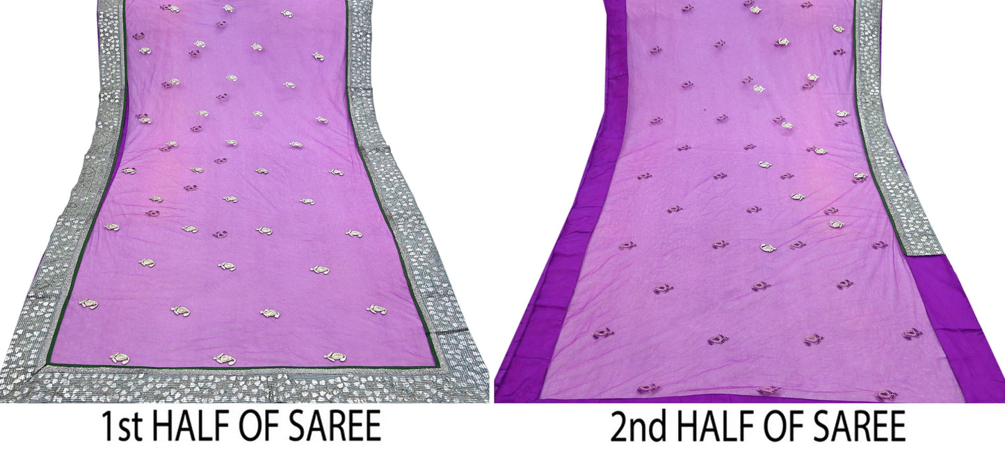 Indian Vintage Heavy Sari Purple Net/Mesh Hand Embroidered Sarees Craft Fabric 6Yd Sewing Soft Zardozi Wedding sarees With Blouse fabric