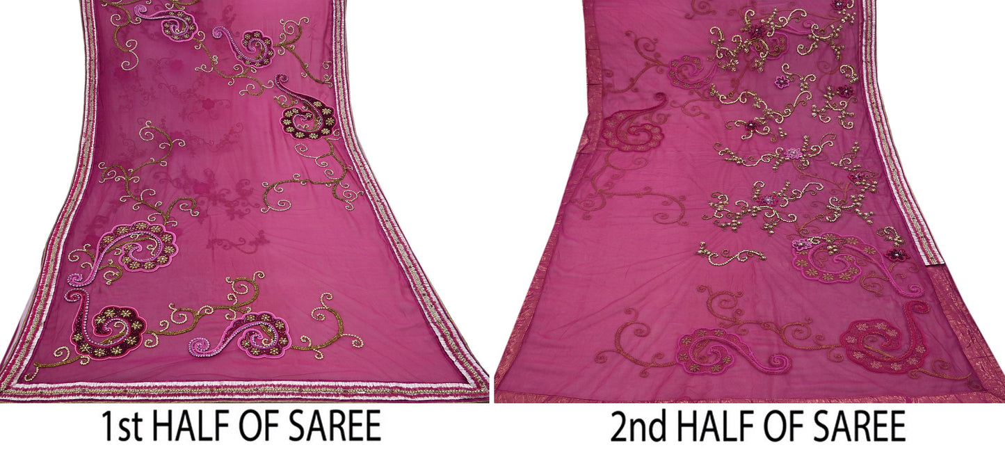 Indian Vintage Heavy Sari Pink Net/Georgette Silk Hand Embroidered Sarees Craft Fabric 6Yd Sewing Soft Wedding sarees With Blouse fabric