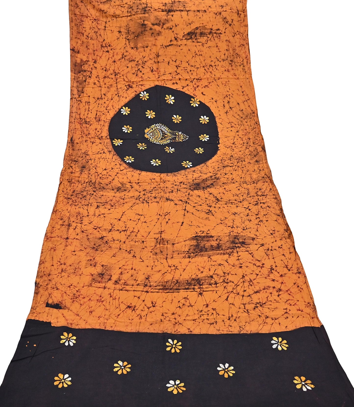 Indian Vintage saffron & brown Dupatta Long Stole Pure Cotton Hand Embroidered Kantha Batik Indian Scarves Veil Scarf Wrap