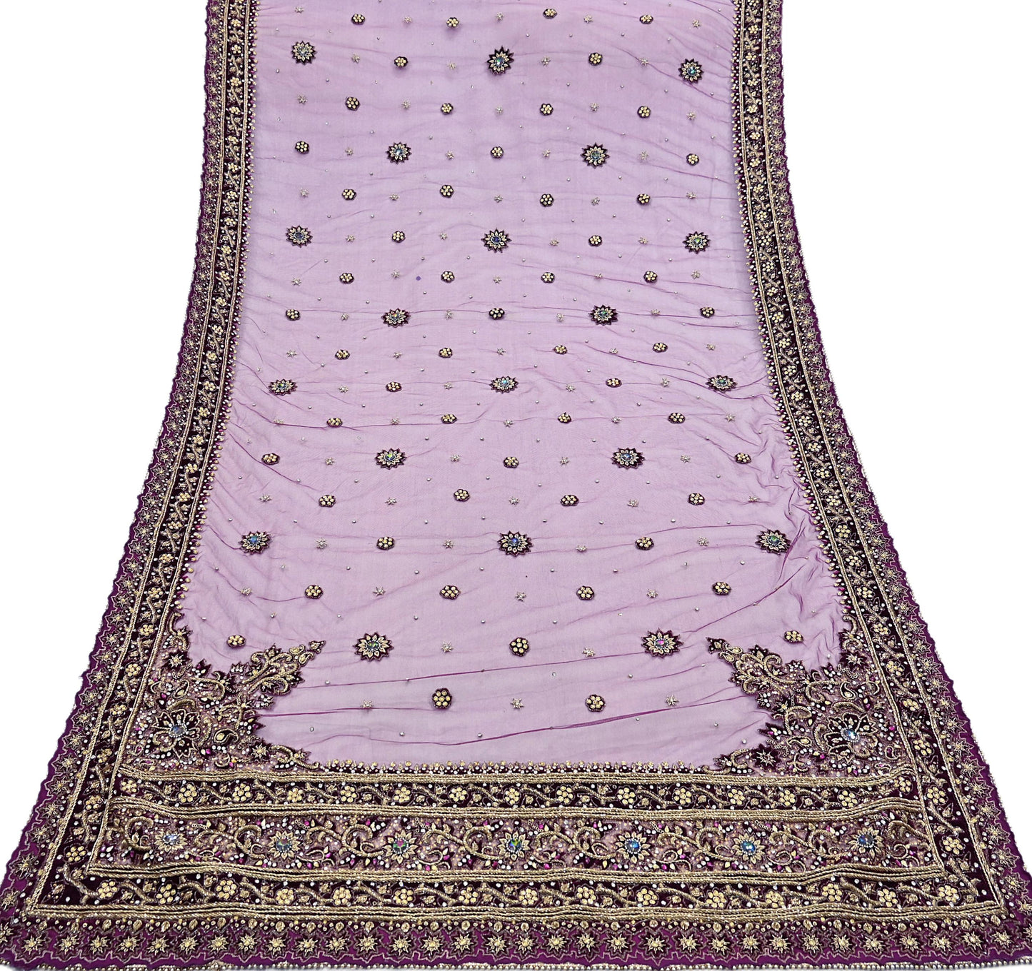 Indian Vintage Heavy Wedding Purple Dupatta Net Mesh Long Stole Hand Embroidered Scarves Golden Zardozi Dabka Zari Veil