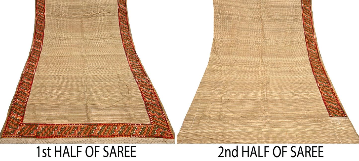 Indian Vintage Beige Saree Pure Khadi Silk Handloom Hand Beaded Sari Craft Fabric 5yd Ethnic Fringes Dress making Crafting Quilting