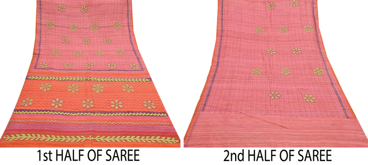 Indian Vintage Saree Peach & Orange Pure Khadi Silk Handloom Hand Beaded Sari Fabric 6yard Ethnic Dressmaking Crafting Upcycle Quilting