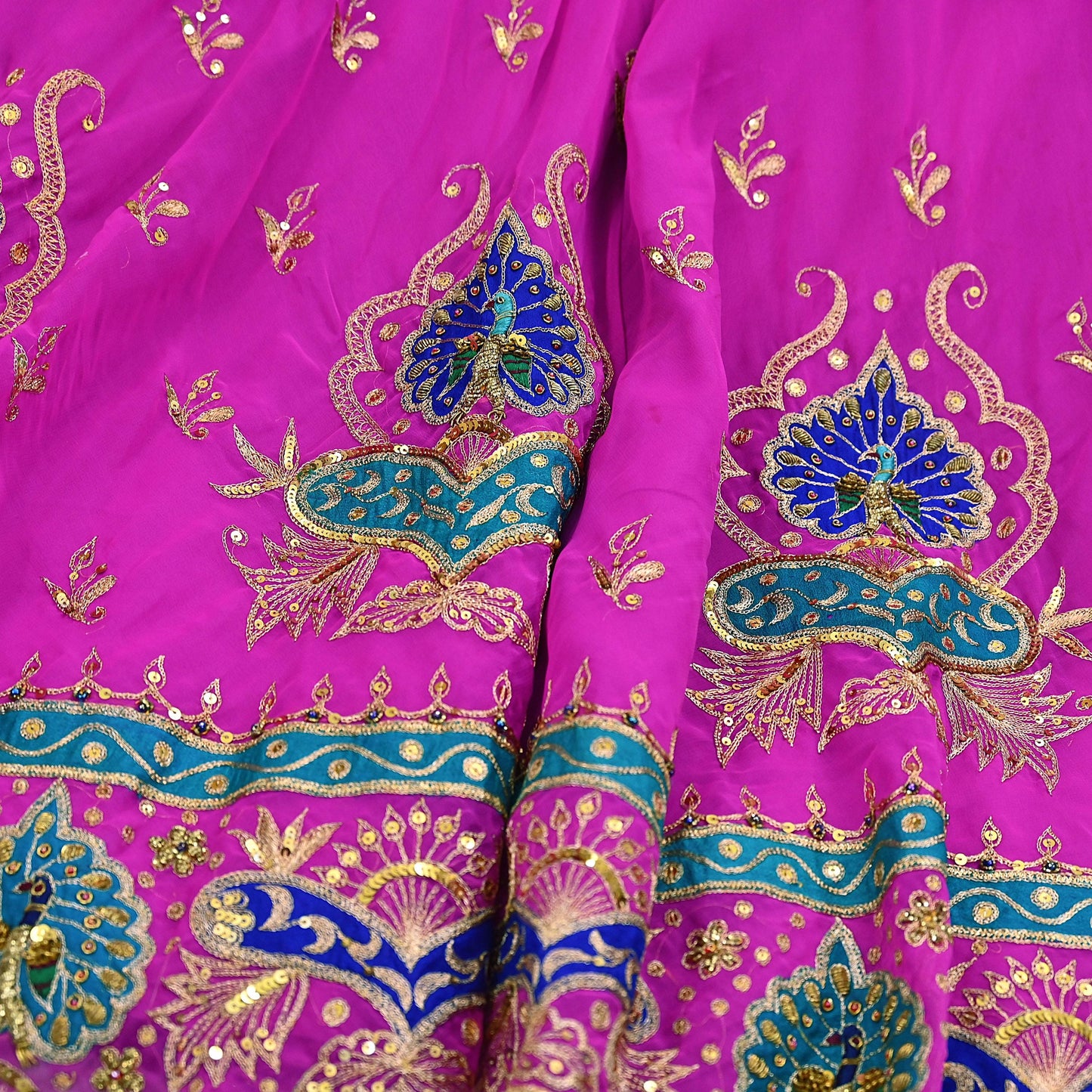 Indian Vintage Magenta American Georgette Hand Embroidered Rajputi Phoshak Lehenga/ Skirt Bridal Party Wear Peacock Design Zari