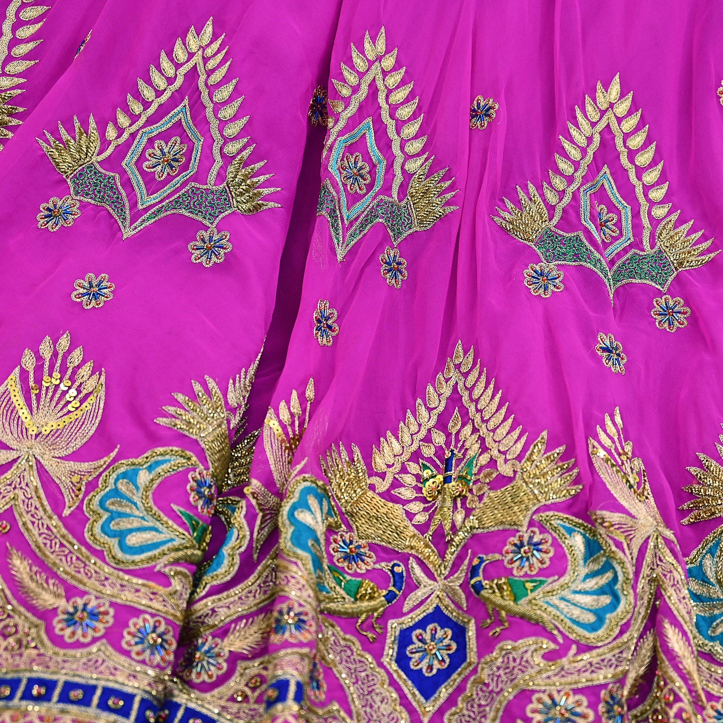 Indian Vintage Magenta American Georgette Hand Embroidered Rajputi Phoshak Lehenga/ Skirt Bridal Party Wear Peacock Design Zari