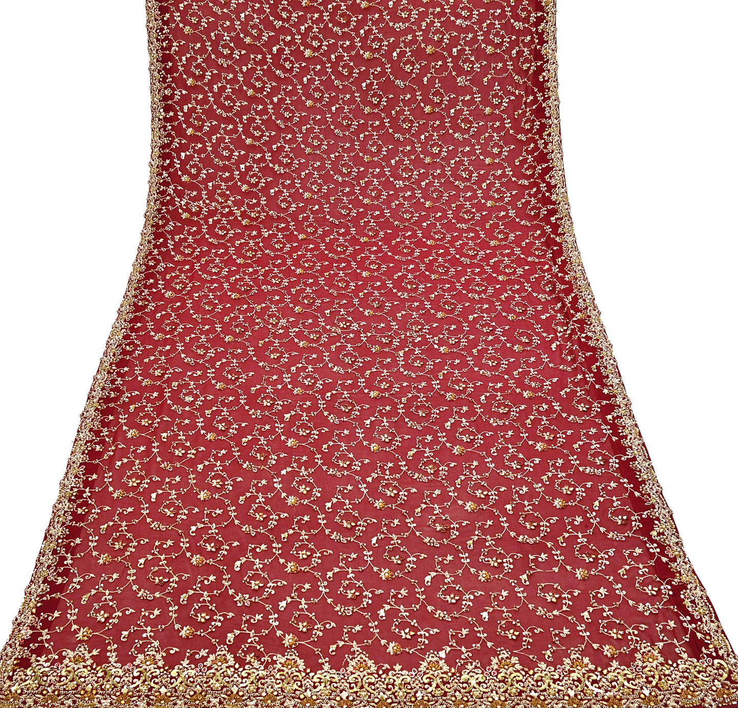 Indian Vintage Red Pure Georgette Silk Hand Embroidered Lehenga 2pcs Set, Bollywood Wedding Wear