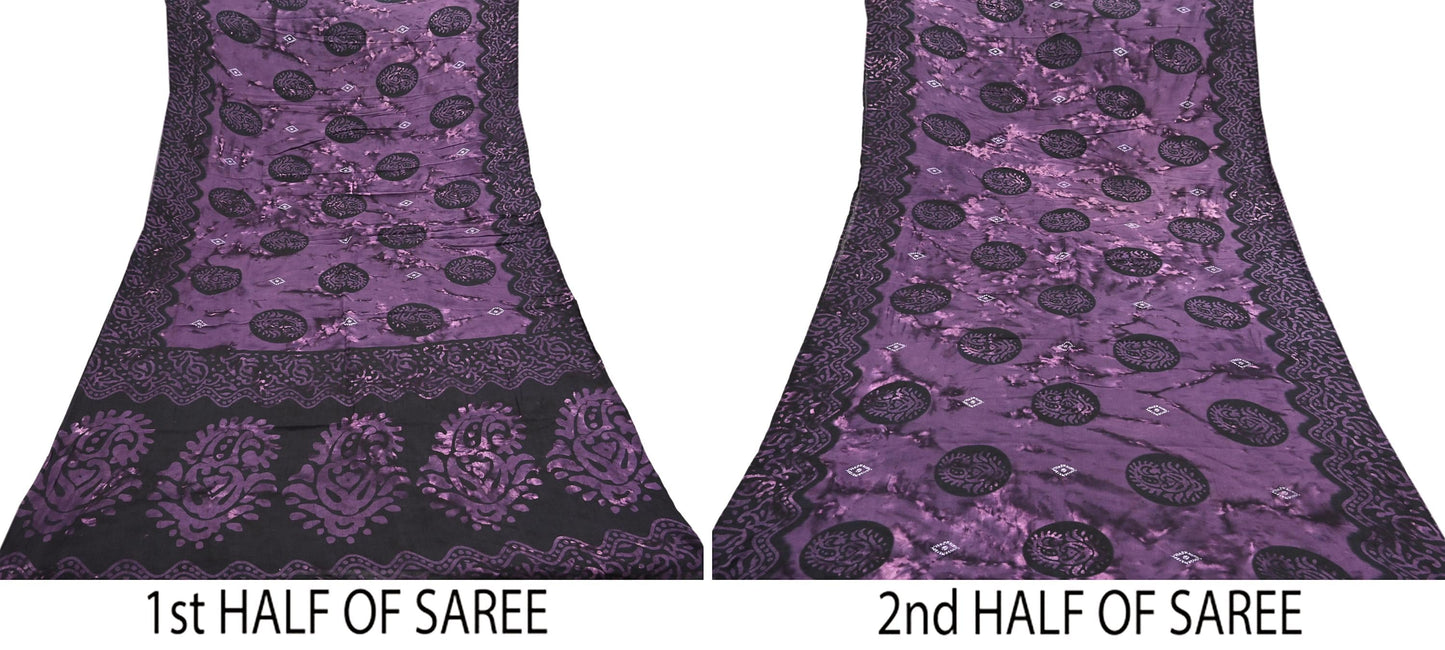 Indian Vintage Sari Purple & Black Batik Printed 100% Pure Cotton Saree Craft Soft Fabric 5Yard Sewing Sarong Wrap Boho
