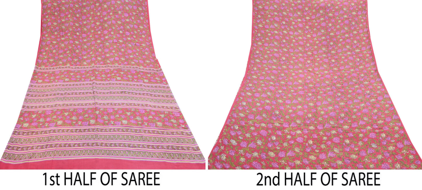 Indian Vintage Sari Pink Pure Crepe Silk Printed Saree 5yard Sewing Quilting Floral Soft Craft Fabric Wrap