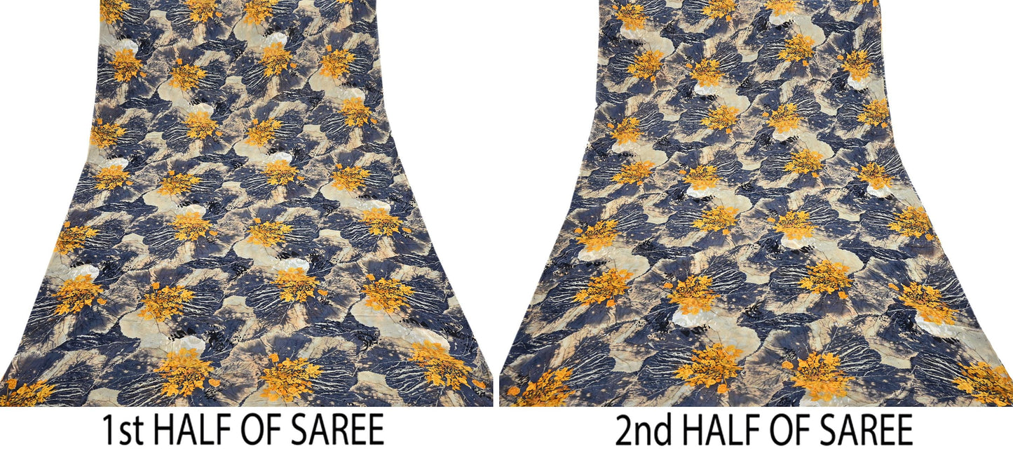 Women Vintage Sari Gray & Beige Pure Georgette Silk Printed Saree Craft Fabric Sewing 5Yard Soft Light Dress Making Dress making Crafting