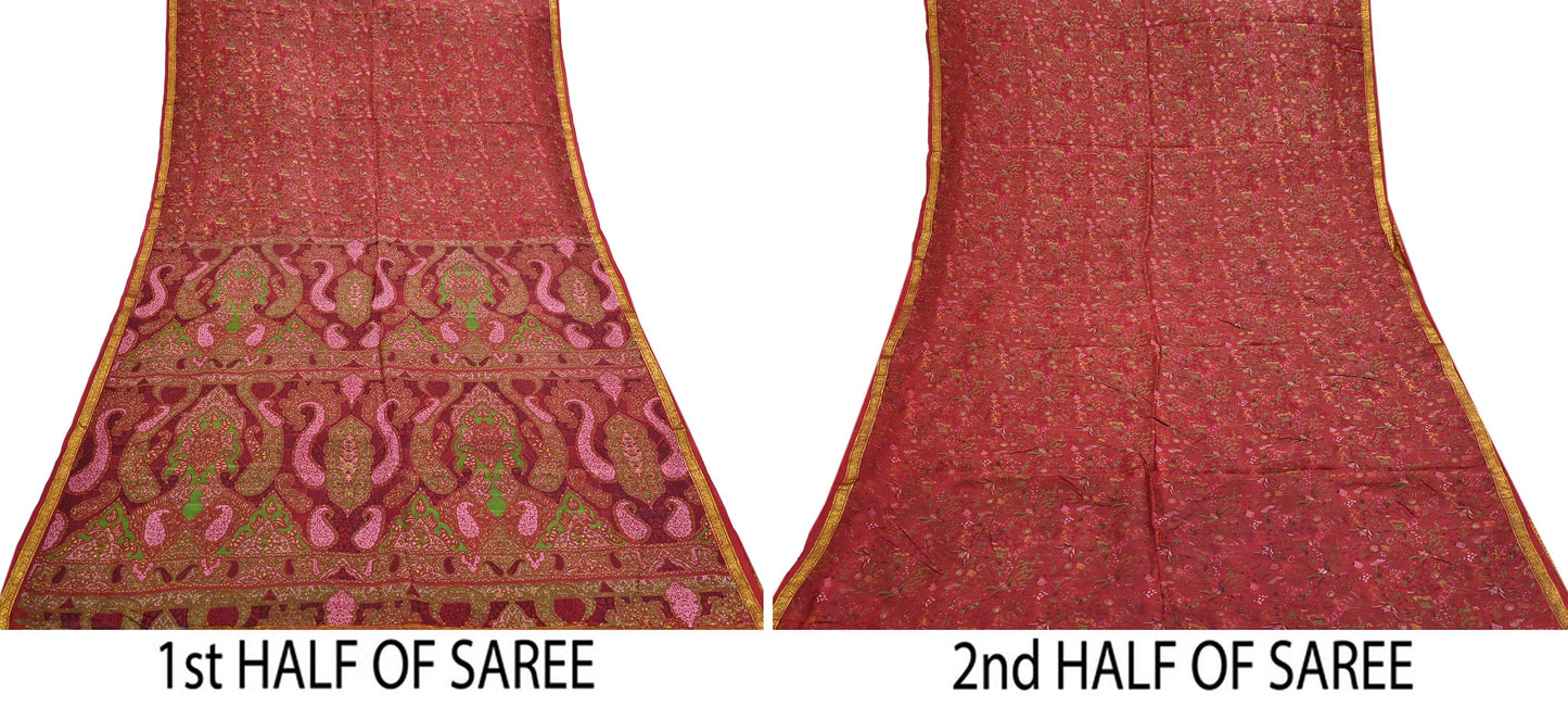 Indian Vintage Sari Red Printed Pure Silk Sarees 6yd Sewing Craft Fabric Soft Dress Making Upcycle Crafting Quilting Used Zari