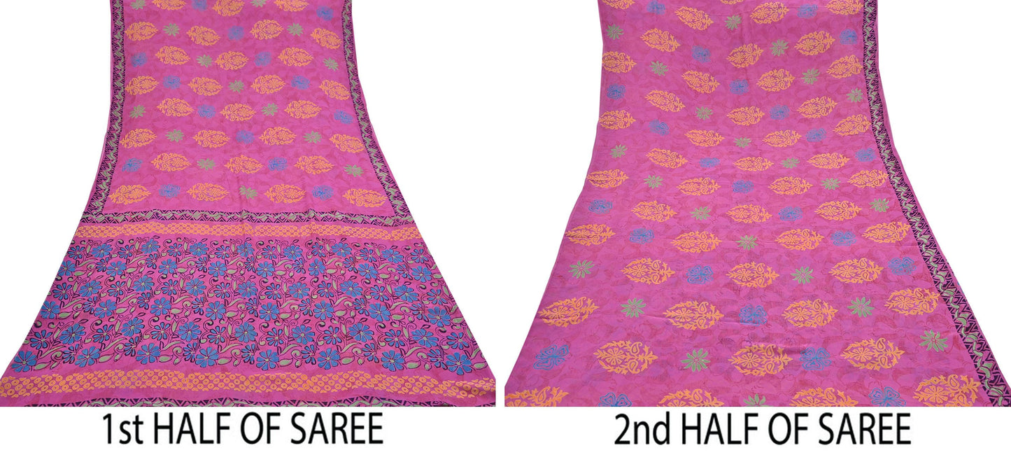 Indian Vintage Sari Pink Pure Georgette Silk Printed Saree Craft Fabric Sewing 5Yd Soft Light Dress Making Crafting Quilting Upcycle