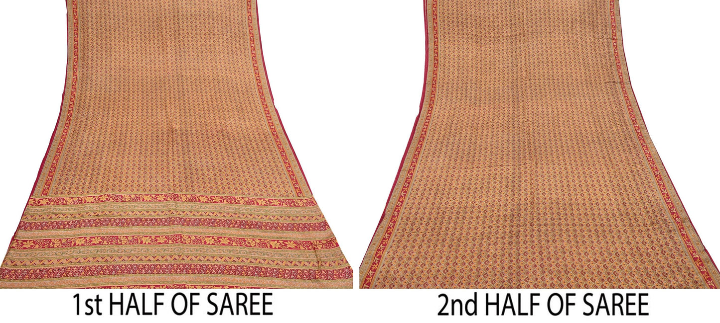 Indian Vintage Sari Red & Mustard Pure Silk Printed Saree Fabric 5yard Sewing Craft Fabric DressMaking Soft Wrap