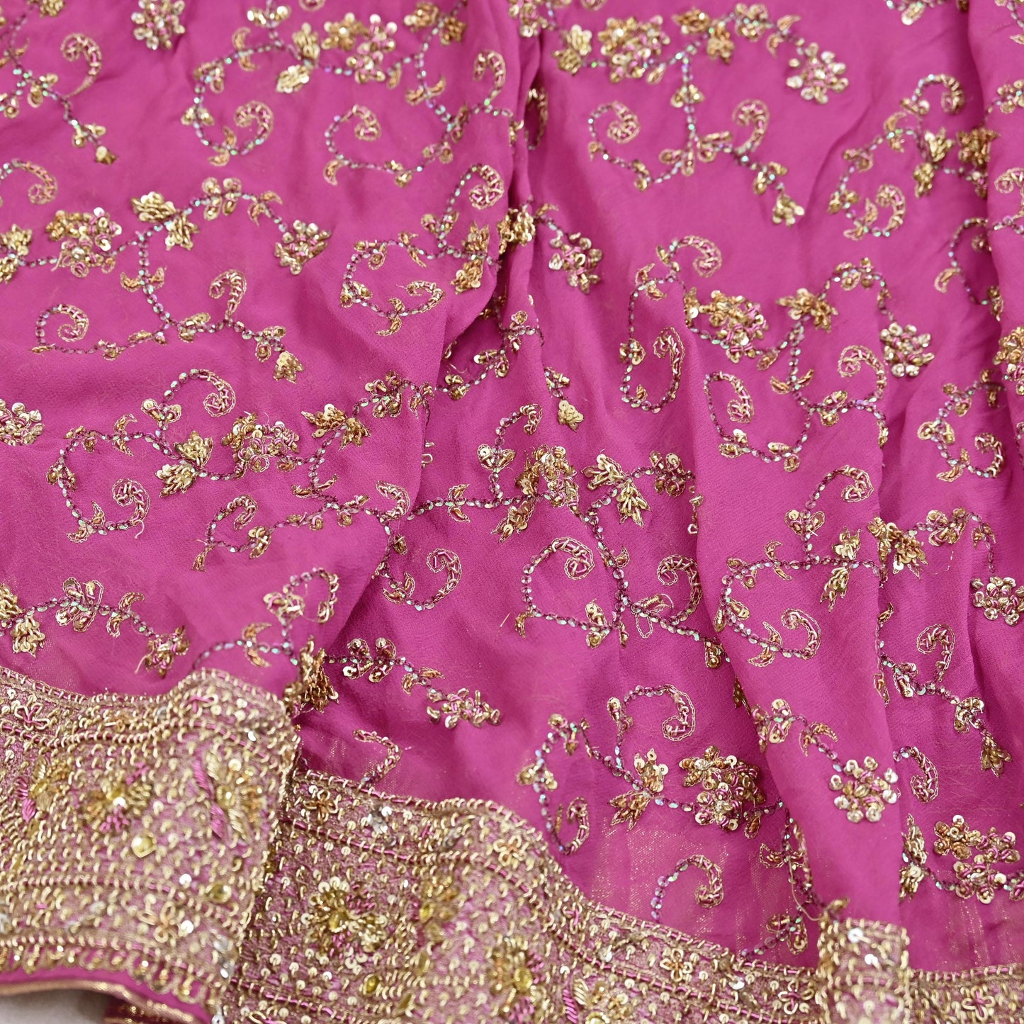 Indian Vintage Pink Pure Georgette Silk Hand Embroidered Lehenga 2pcs Set, Bollywood Wedding Wear