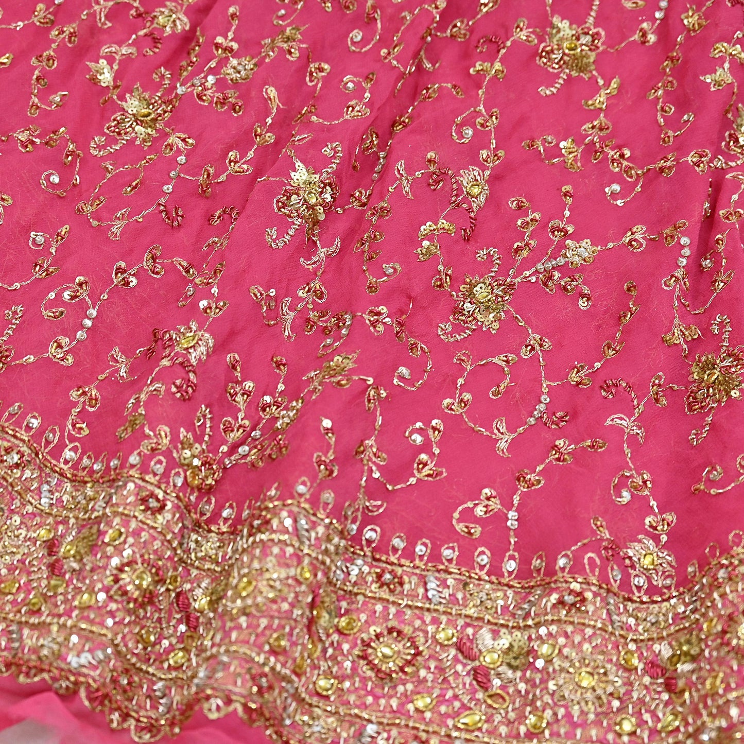 Indian Vintage Pink Pure Georgette Silk Hand Embroidered Lehenga 2pcs Set, Bollywood Wedding Wear