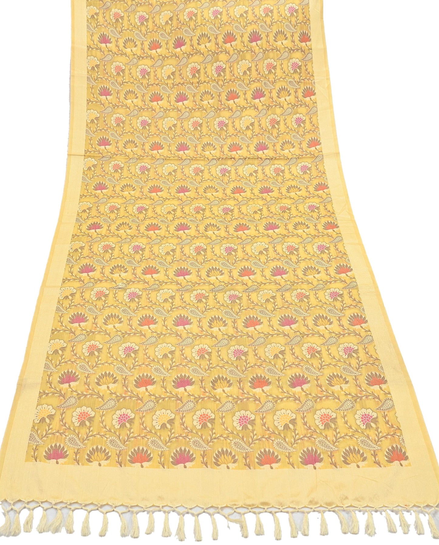 Indian Vintage Yellow Dupatta Long Stole Artificial Silk hand Woven Scarves Veil Scarf Wrap Hippie Boho Soft Floral Fringes