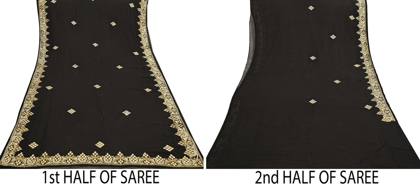 Indian Vintage Heavy Black Saree Blend Georgette Hand Embroidered Sari Craft Fabric 6Yd Sewing Soft Ethnic zardozi Dress Making wedding Sari