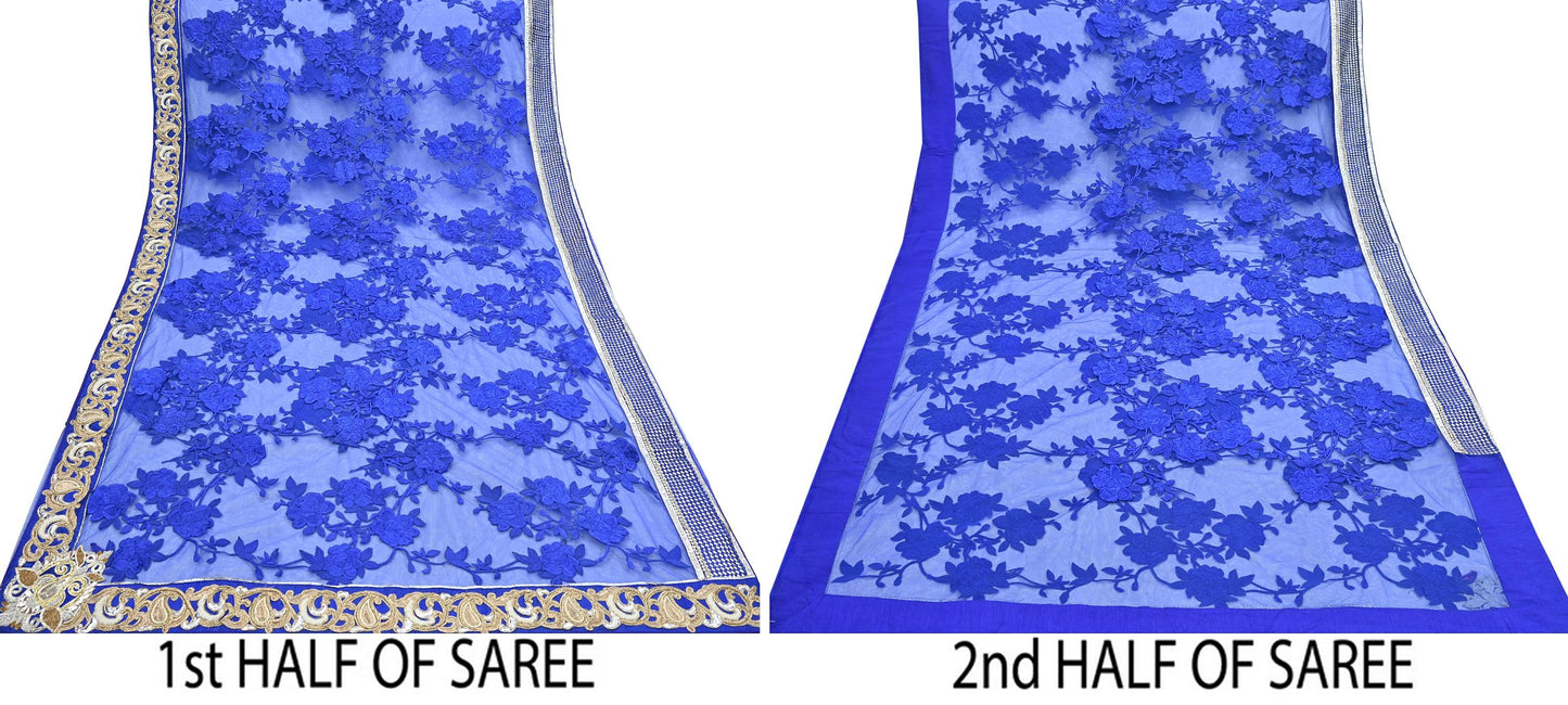 Indian Vintage Heavy Sari Royal Blue Net/Mesh Hand Embroidered Sarees Craft Fabric 6Yd Sewing Soft Zardozi Wedding sarees