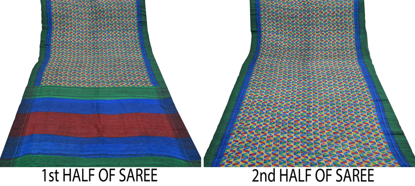 Indian Vintage Multi Saree Pure Khadi Silk Handloom Printed Sari Fabric 5yd Ethnic Wear Sari Floral Designs Dress making Crafting