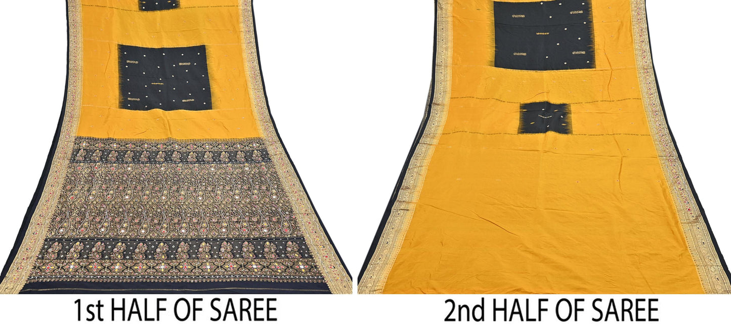 Indian Vintage Kanjivaram Saree Heavy Hand Embroidered Pure Silk Black & Yellow Bridal Fabric 5 Yards Dress Making Bollywood Sarees