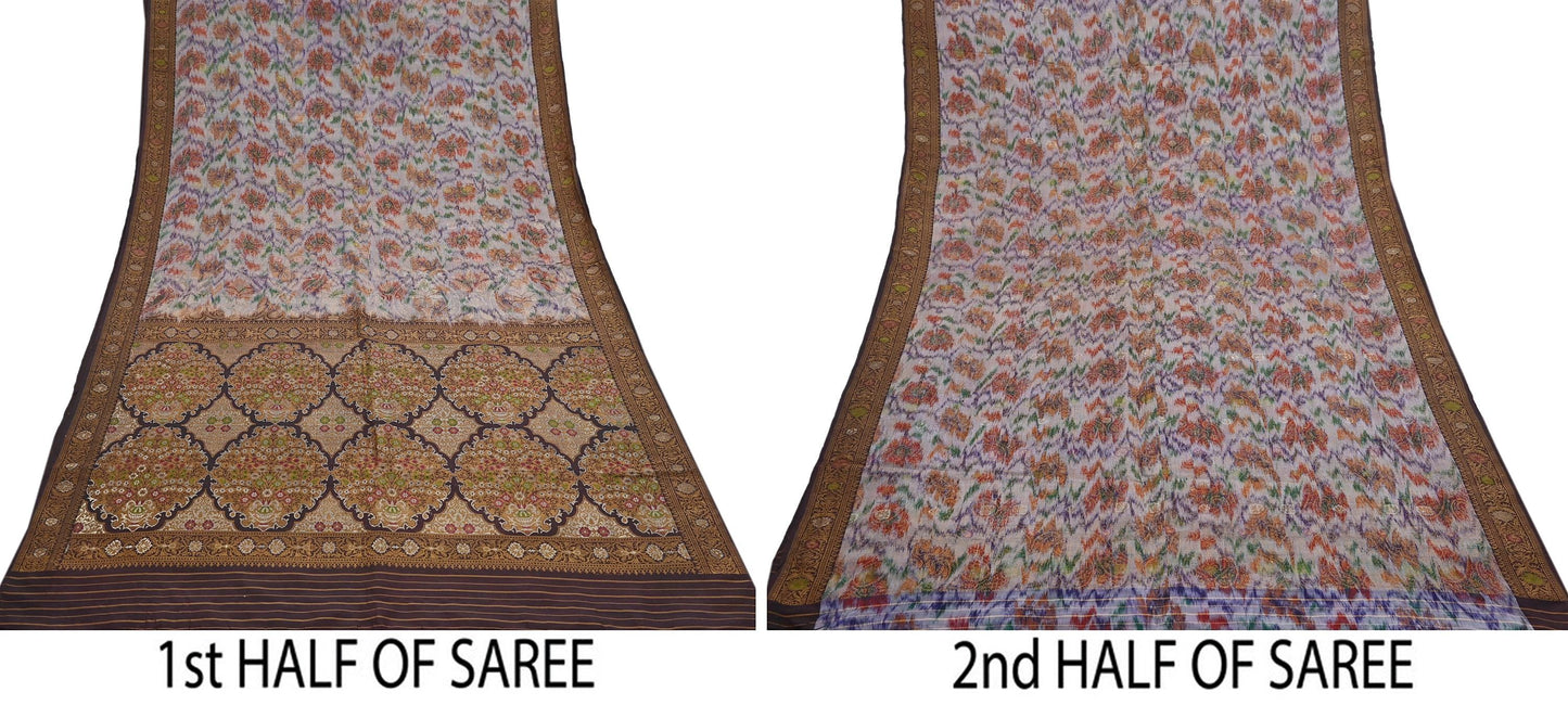 Indian Vintage Heavy Saree Brown & Multi 100% Pure Silk Hand Woven Ikat Sari Fabric 5Yard Ethnic Floral Soft Fabric zari