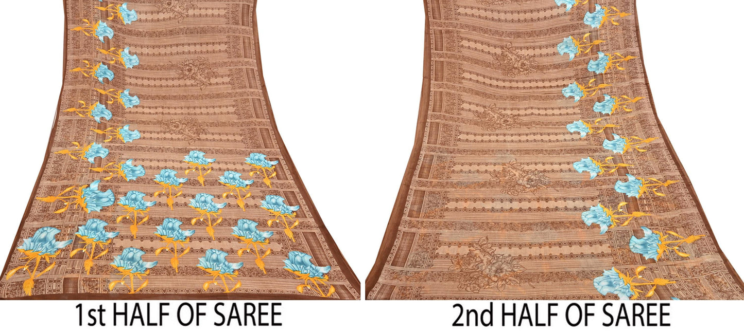 Indian Vintage Sari Brown Printed 100% Pure Cotton Saree Craft Fabric 5Yd Soft Sewing Sarong Wrap Boho Dress Making Quilting