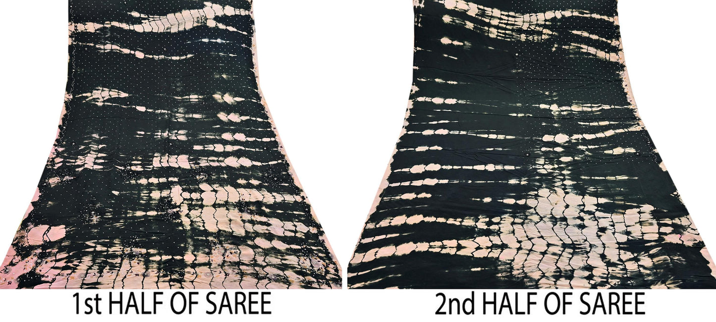 Indian Vintage black & peach Saree Pure Crepe Silk Hand Embroidered Tie-Dye Sari Fabric 5yard Sewing Craft Fabric Ethnic zari