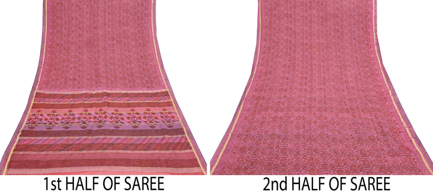 Women Vintage Sari Pink 100% Pure Georgette Silk Printed Saree Craft Fabric Sewing 6Yd Soft Sari Dress Making Crafting Quilting