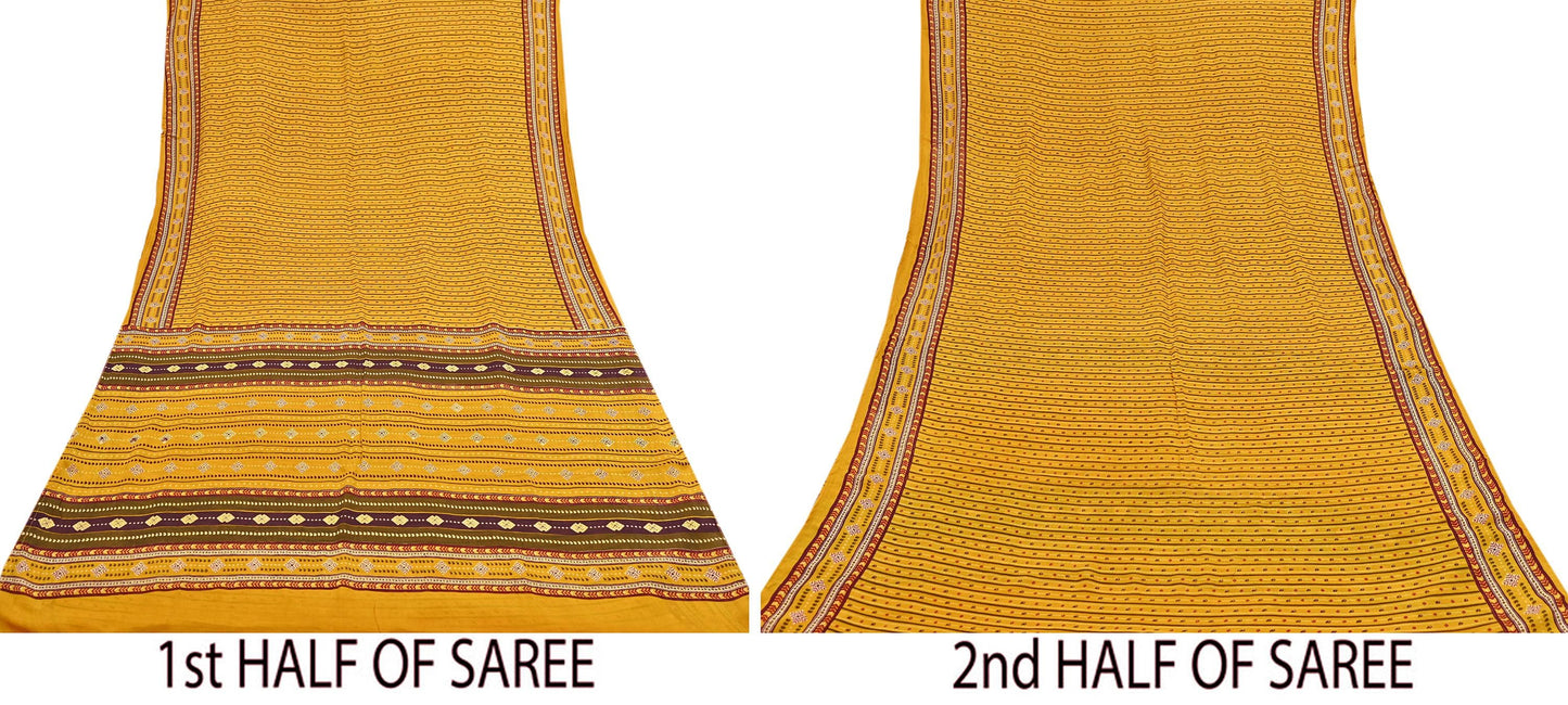 Indian Vintage Sari Yellow 100% Pure Silk Printed Sarees 6yd Sewing Craft Fabric Dress Making Soft Woven Border Upcycle Quilting