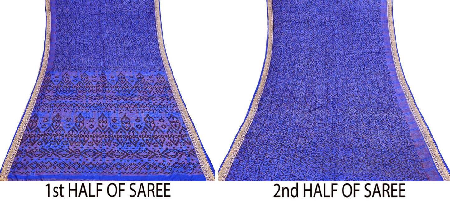 Vintage Sari Blue Pure Silk Printed Saree Fabric 5yard Sewing Soft Dress Designing for Crafting Quilting Upcycle Soft Border
