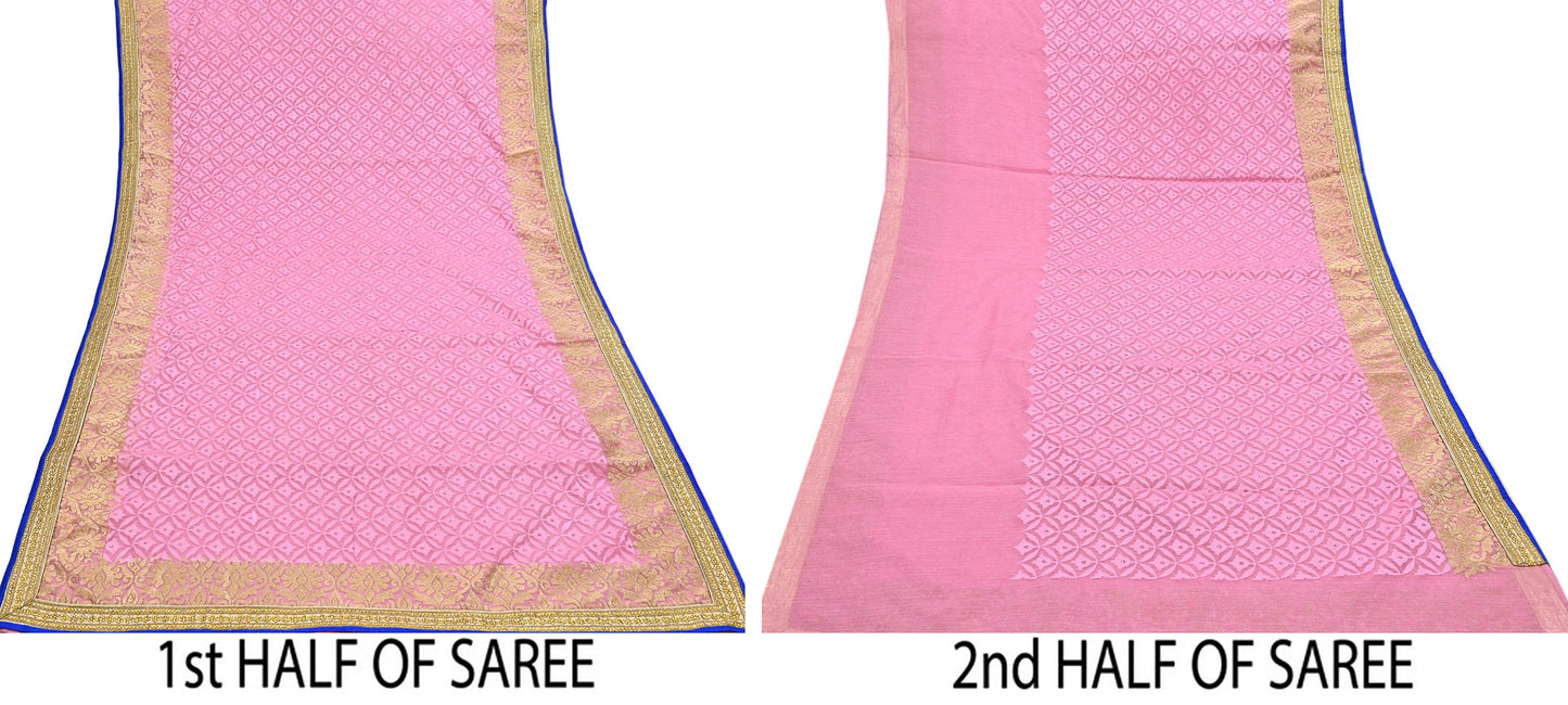 Indian Vintage Sari Pink Organza hand Embroidered Saree Craft Fabric 5Yd Sewing Ethnic Bollywood sarees Dress making