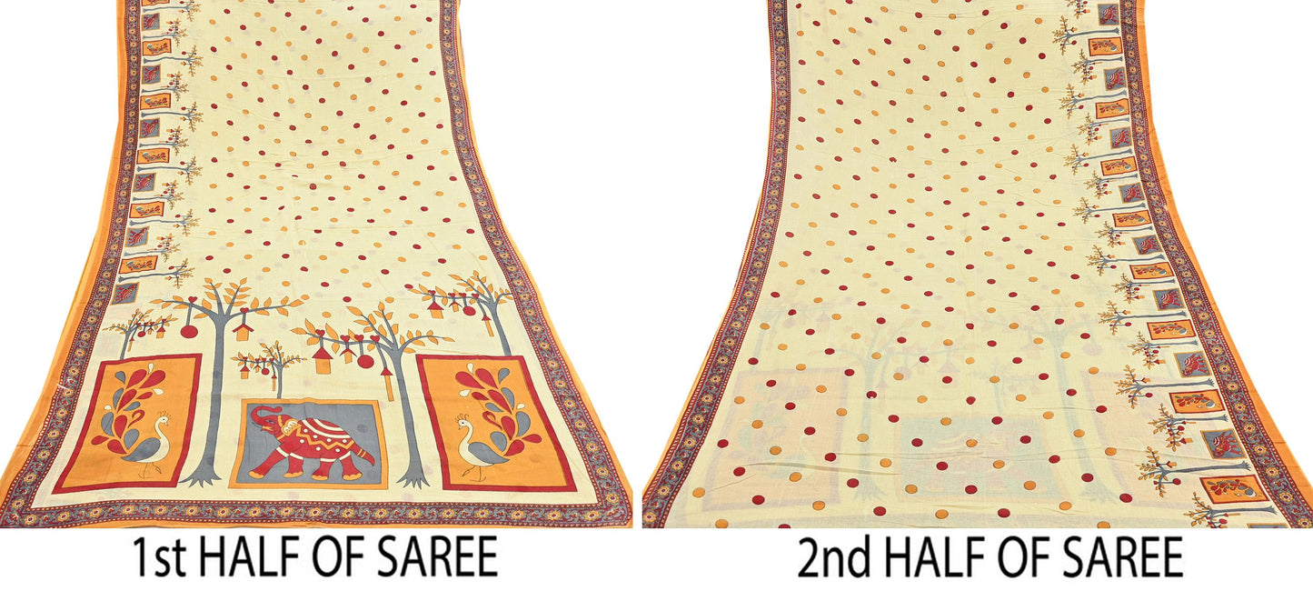 Indian Vintage Sari Ivory Printed 100% Pure Cotton Saree Craft Fabric 5Yd Soft Sewing Sarong Wrap Boho Stripes Dress making Quilting