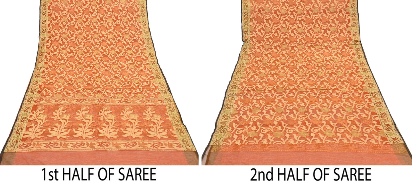 Indian Vintage Sari Orange Artificial Silk Hand Woven Sarees 5yd Ethnic Floral Craft Fabric Sewing Wedding Sarees Dress making Crafting