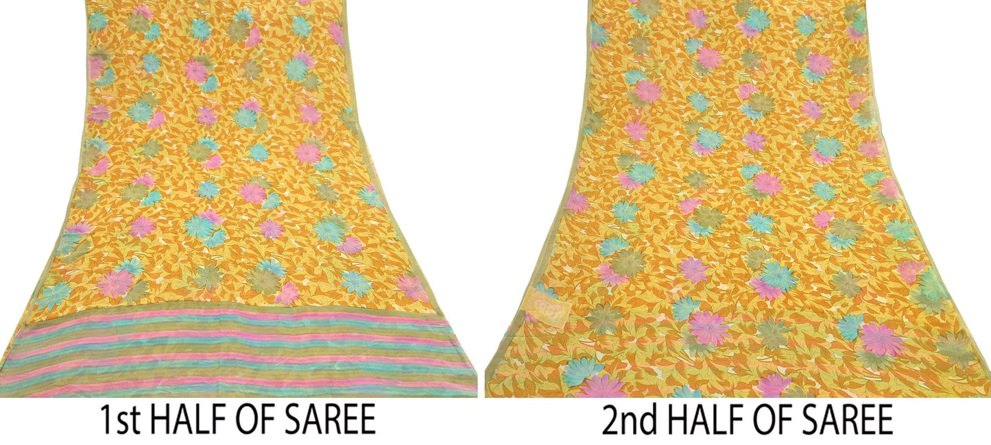 Indian Vintage Sari Pure Georgette Silk Printed Saree Craft Fabric Sewing 5Yd Soft Light Dress Making Crafting Quilting Upcycle