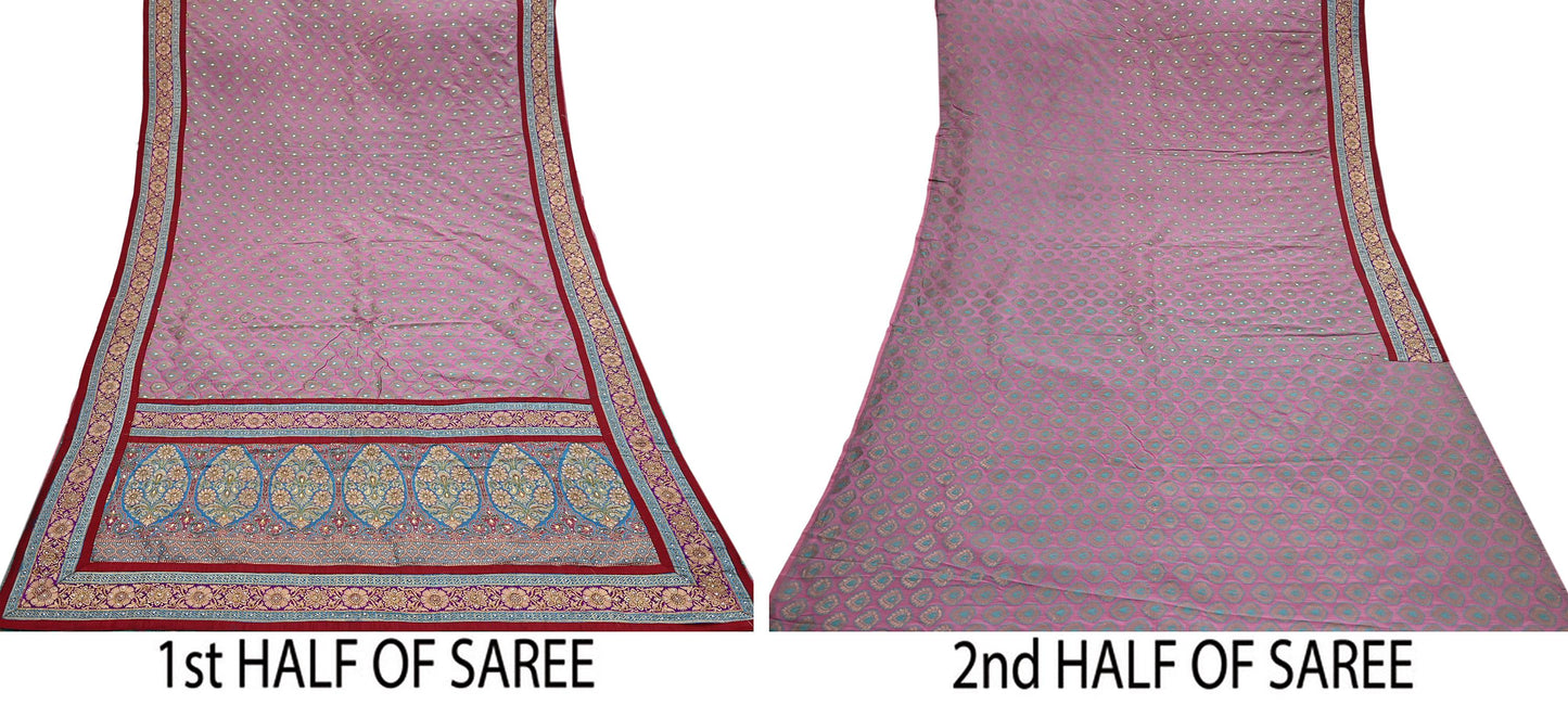 Vintage Heavy Wedding Pink & Blue Sari Pure Silk Hand Embroidered Banarsi Brocade Sarees Zari 5Yd Dress making Crafting Quilting
