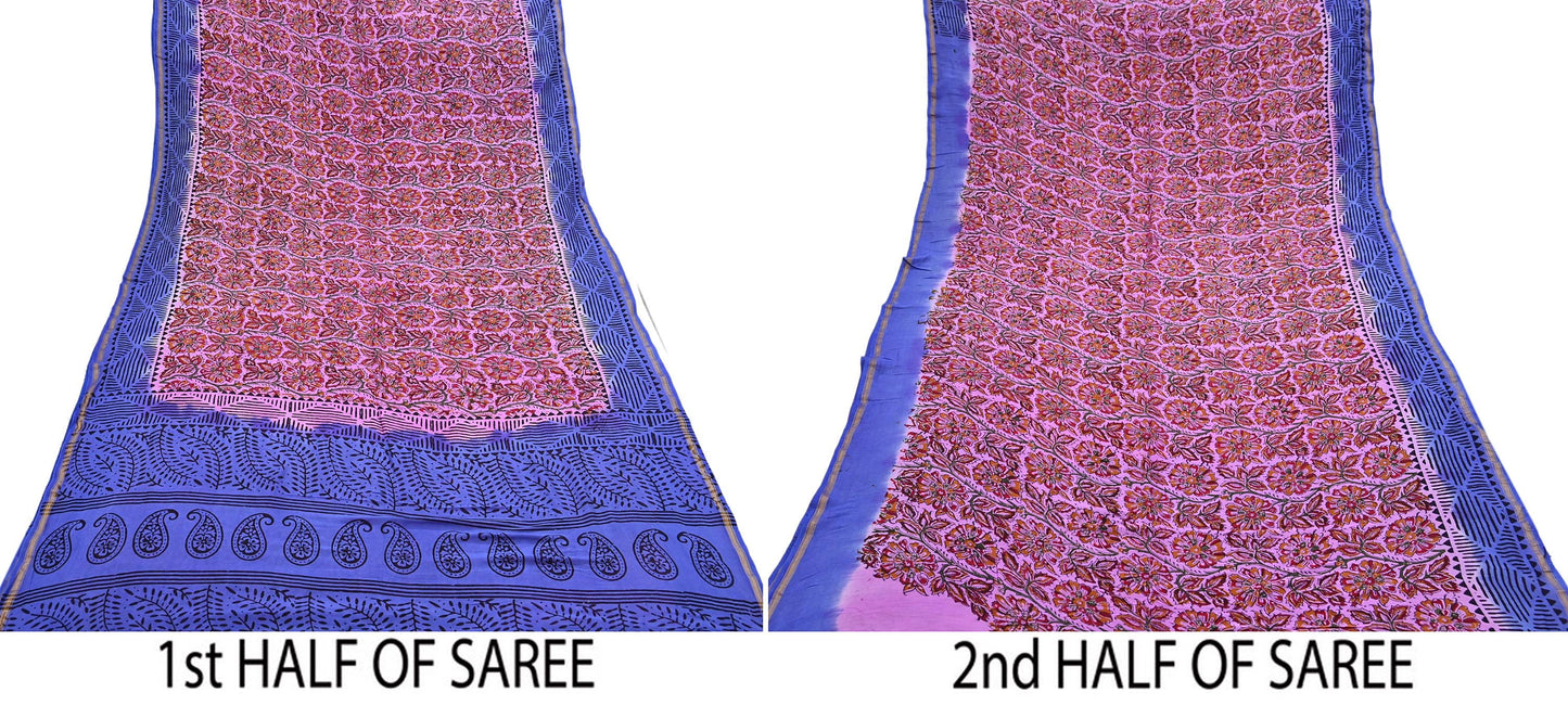 Indian Vintage Sari Blue & Pink Pure chanderi Silk Bagru Printed Sarees Fabric 5Yd Floral Soft Golden Zari Border Ethnic Dress making