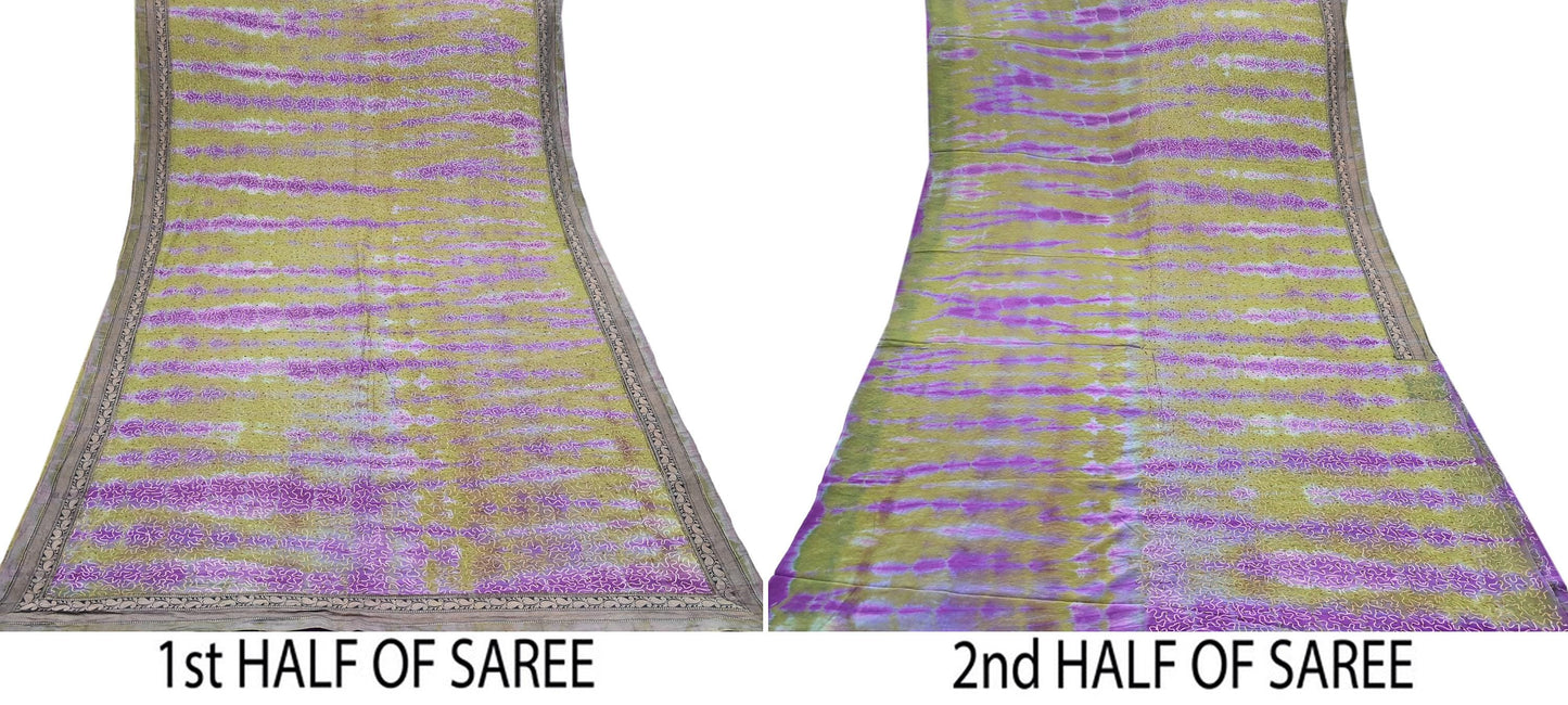 Indian Vintage Purple & Green Saree Pure Crepe Silk Hand Embroidered Tie-Dye Sari Fabric 6yard Sewing Craft Fabric Ethnic zari