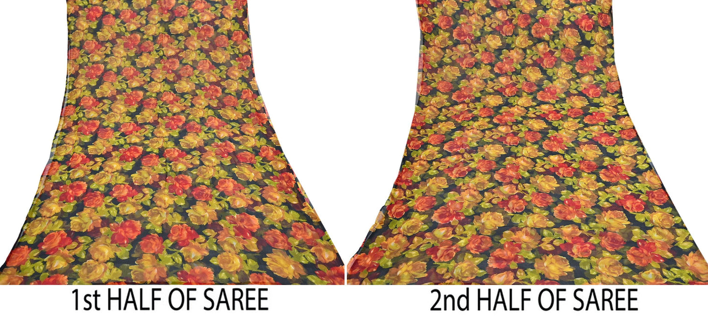 Vintage Sari Black 100% Pure Chiffon Silk Printed Sarees Sewing 5yd Craft Fabric Soft Dress Designing for Crafting Floral Quilting Upcycle