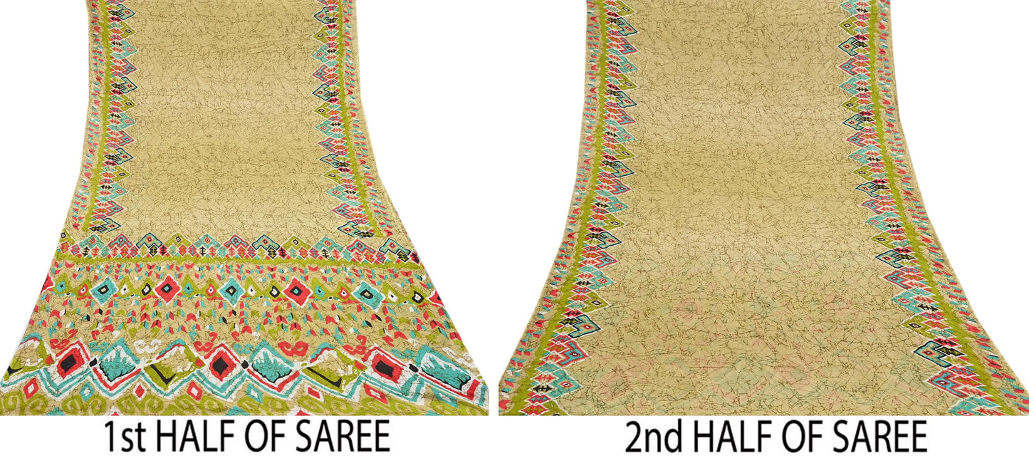 Indian Vintage Sari Green Batik Printed Pure Cotton Saree Craft Fabric 5Yd Sewing Soft Sarong Wrap Boho Dress Making Quilting