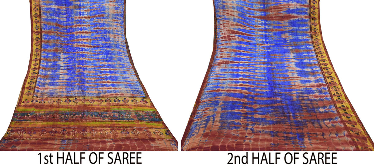 Indian Vintage Saree Brown & Blue Pure Crepe Silk Tie-Dye Embroidered Sari Fabric 5yard Sewing Floral Soft Zari