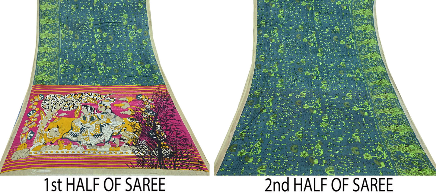 Indian Vintage Green Sari Kalamkari Printed Pure Cotton Saree Fabric Soft Floral 5Yd Sarong Wrap Fabric Fish