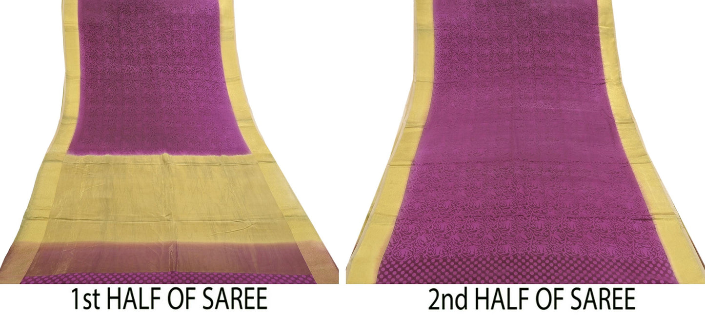 Indian Vintage Sari Purple & Beige Hand Woven Printed Sari 100% Pure Crepe Silk Sarees Craft Fabric 5yd Soft Zari Dress making Quilting Used