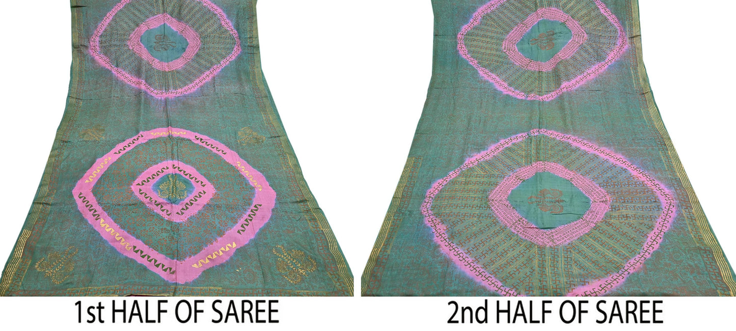 Indian Vintage Sari Pink & green Pure Tussar Silk Hand Woven/Hand Painted Sarees Craft Fabric 6Yd Sewing Ethnic Dress making For Crafting