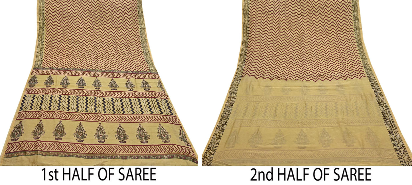 Indian Vintage Saree Beige Bagru Printed Sari Pure Chanderi Silk Sari Fabric 5Yard Zigzag Soft Golden Zari