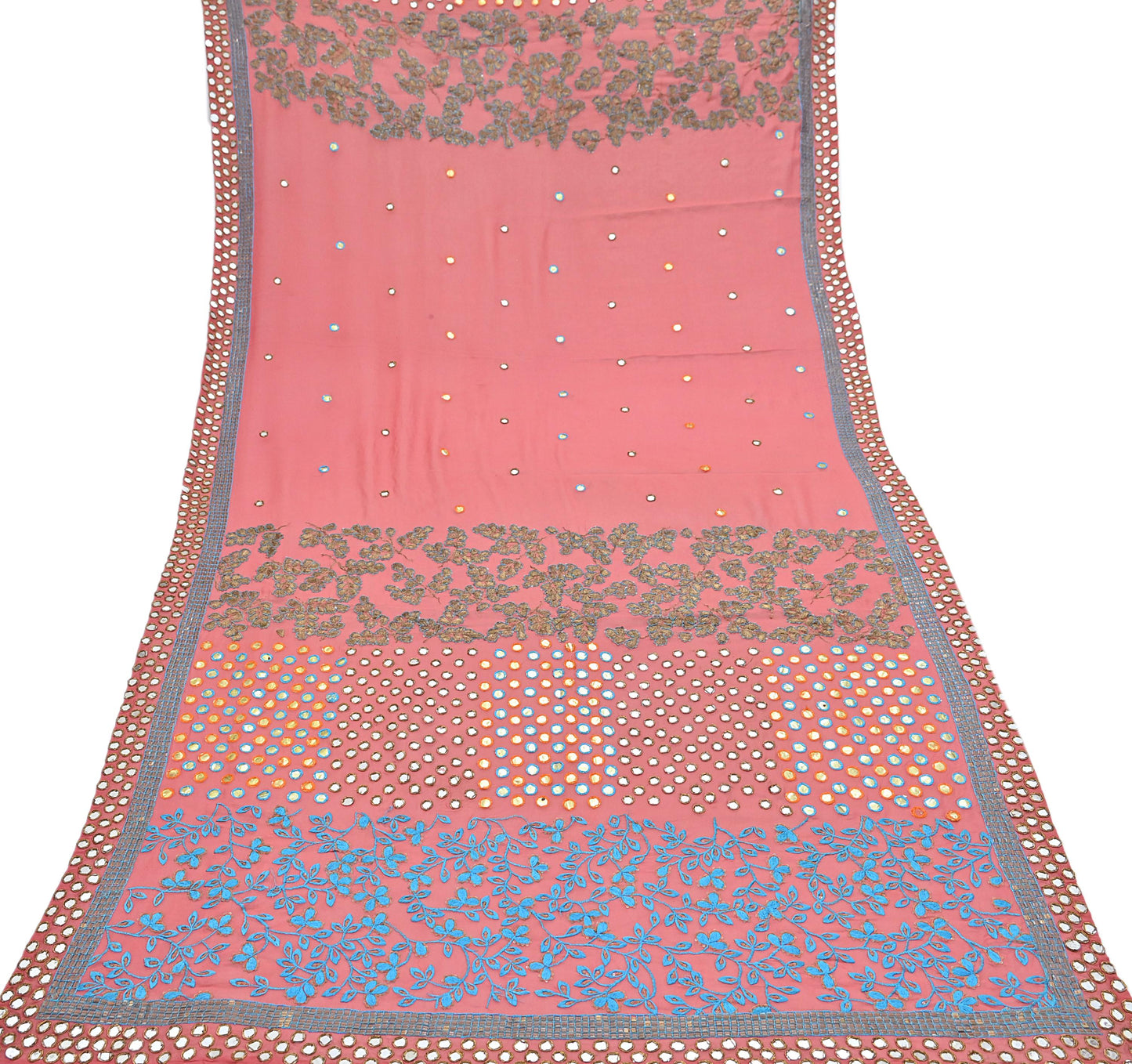 Indian Vintage Heavy Peach Dupatta Pure Georgette Silk Long Stole Hand Embroidered Scarf Zardozi/Dabka Wedding/Bridal Veil Hijab